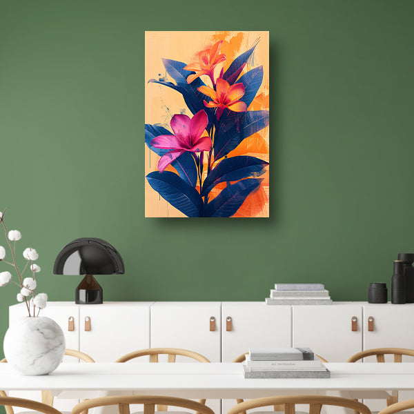 Modern Kunst: Exotische Bloemen in Blauw en Oranje poster