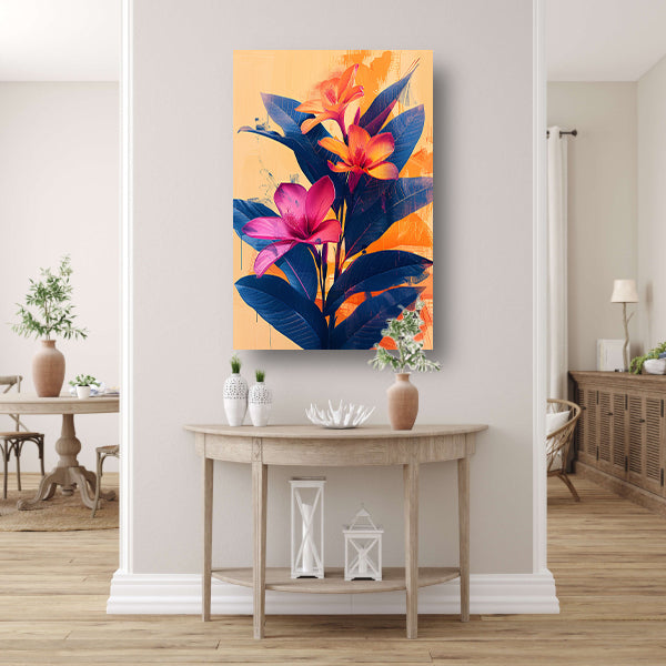 Modern Kunst: Exotische Bloemen in Blauw en Oranje poster