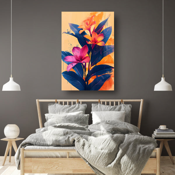 Modern Kunst: Exotische Bloemen in Blauw en Oranje poster