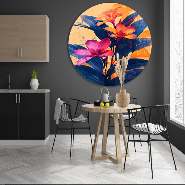 Modern Kunst: Exotische Bloemen in Blauw en Oranje aluminium muurcirkel