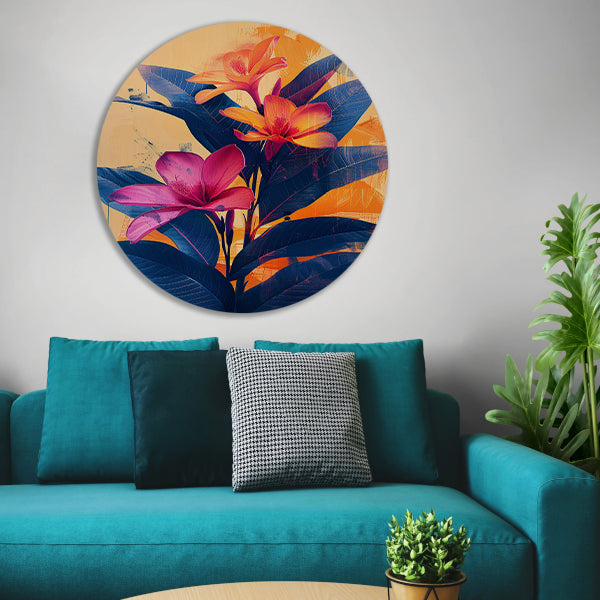 Modern Kunst: Exotische Bloemen in Blauw en Oranje aluminium muurcirkel
