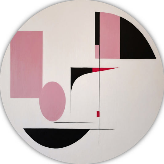 Abstracte geometrische compositie in roze en zwart aluminium muurcirkel