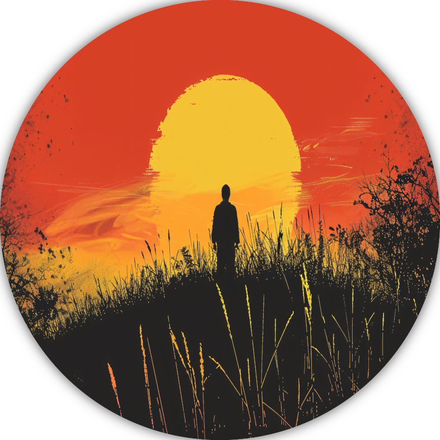 Persoon Contempleert Zonsondergang in Vurig Landschap aluminium muurcirkel
