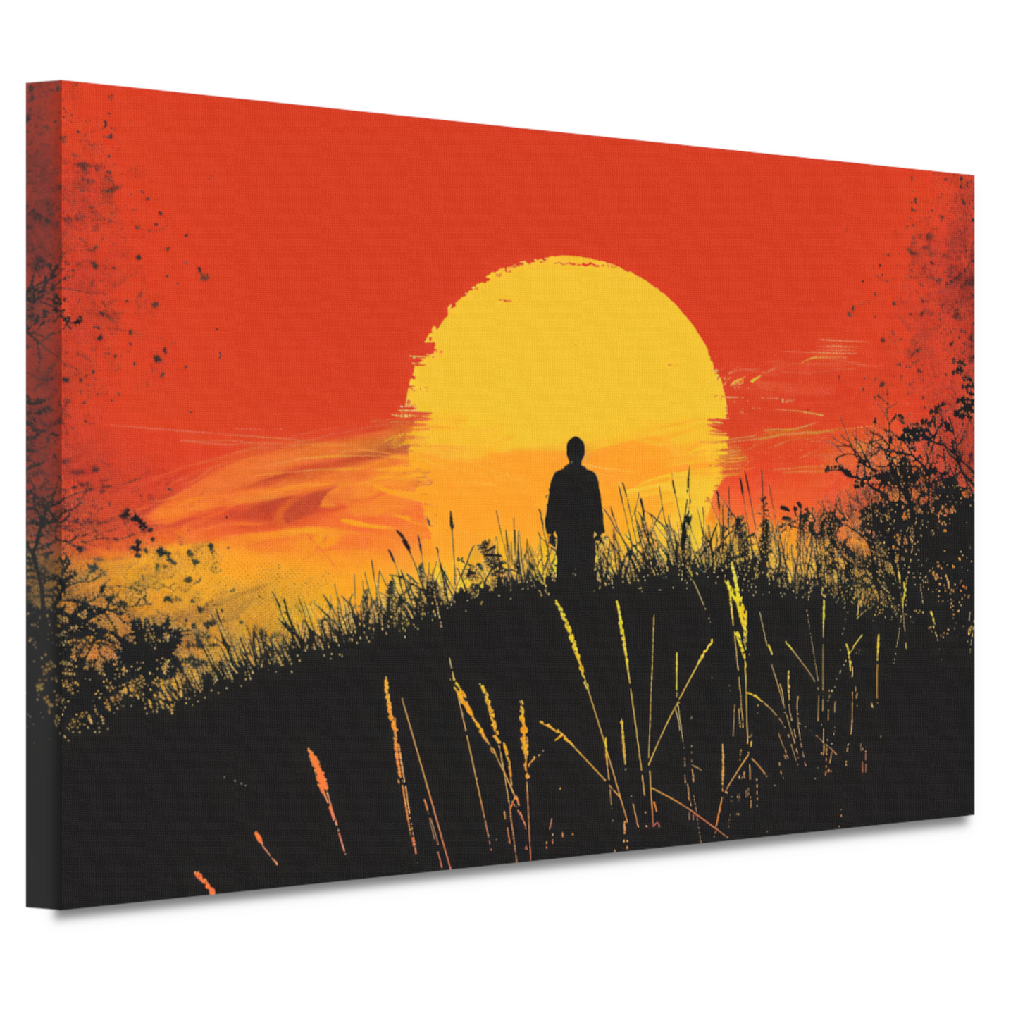Persoon Contempleert Zonsondergang in Vurig Landschap canvas