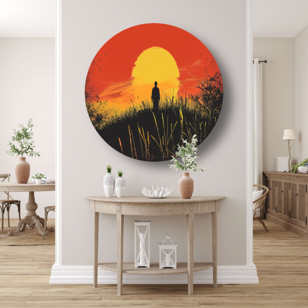 Persoon Contempleert Zonsondergang in Vurig Landschap forex muurcirkel