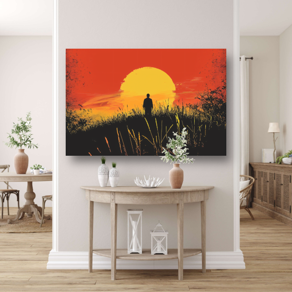 Persoon Contempleert Zonsondergang in Vurig Landschap canvas