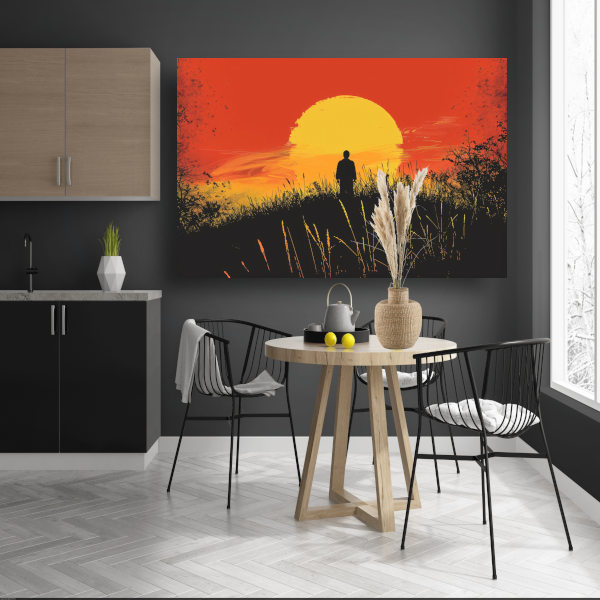 Persoon Contempleert Zonsondergang in Vurig Landschap canvas