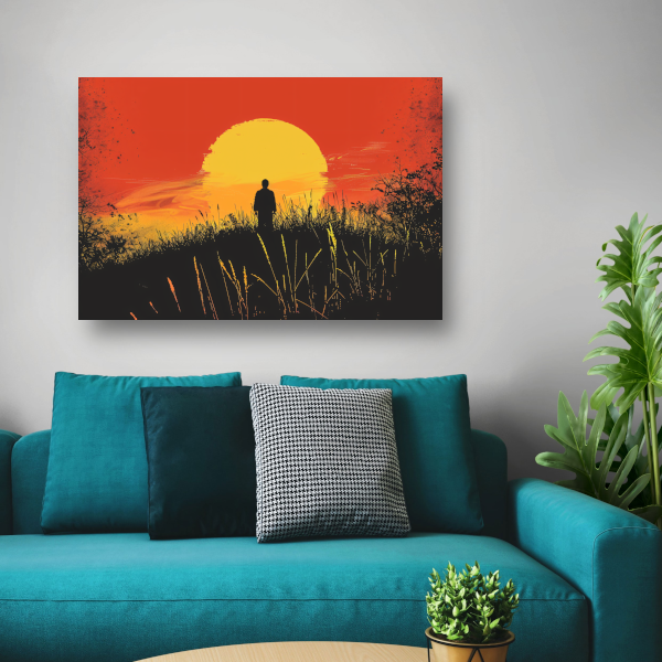 Persoon Contempleert Zonsondergang in Vurig Landschap canvas