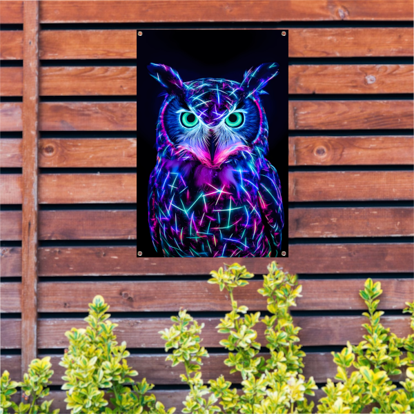 Neon uil met holografische kleuren tuinposter