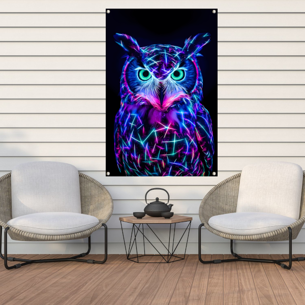 Neon uil met holografische kleuren tuinposter