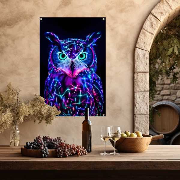 Neon uil met holografische kleuren tuinposter