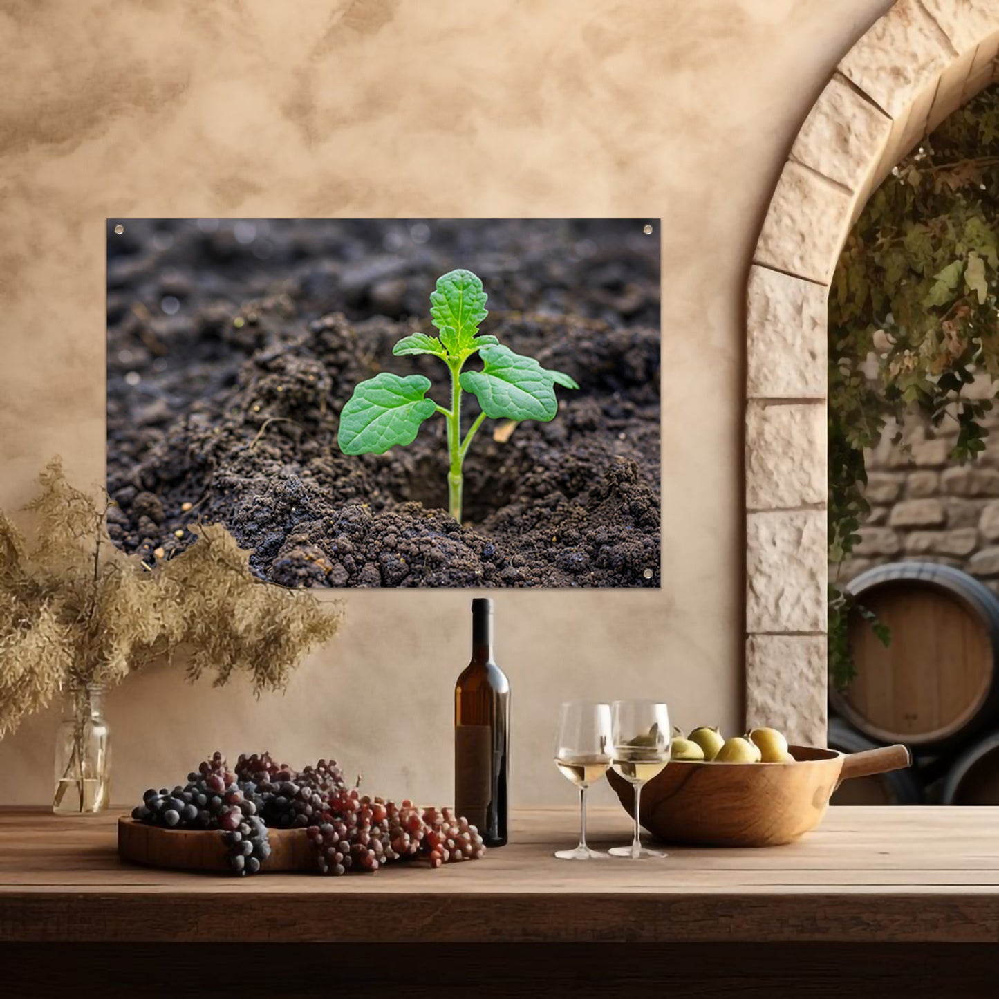 Jonge groene plant in vruchtbare aarde tuinposter
