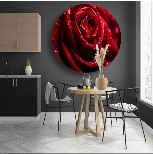 Rode Roos met Waterdruppels in Close-up aluminium muurcirkel