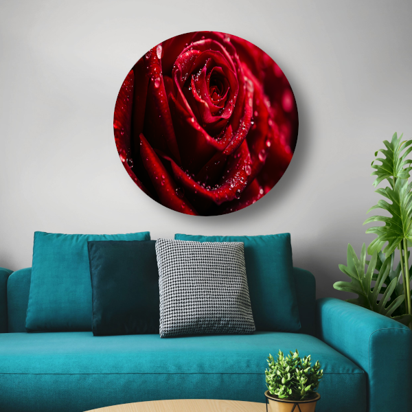 Rode Roos met Waterdruppels in Close-up aluminium muurcirkel