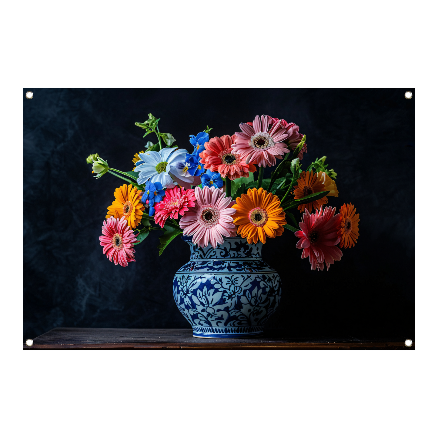 Elegant bloemenboeket in blauw-witte keramische vaas tuinposter