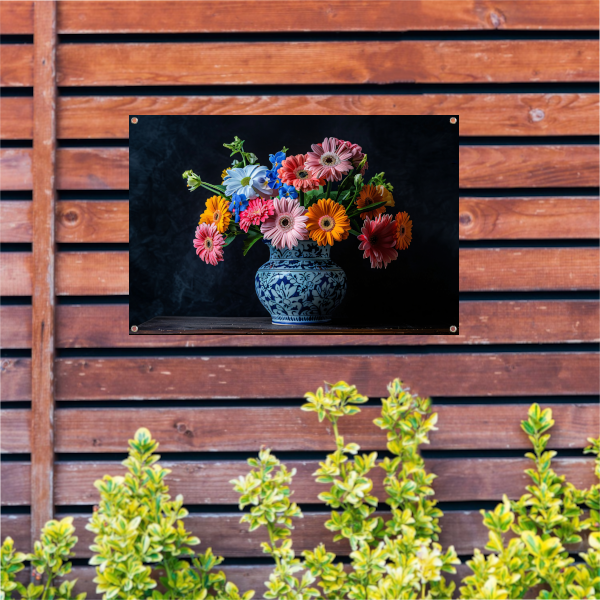 Elegant bloemenboeket in blauw-witte keramische vaas tuinposter