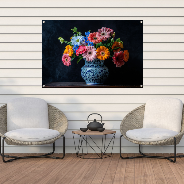 Elegant bloemenboeket in blauw-witte keramische vaas tuinposter