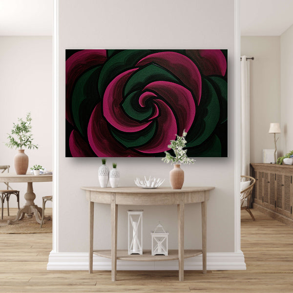 Abstract schilderij van bloem in groene en roze tinten poster