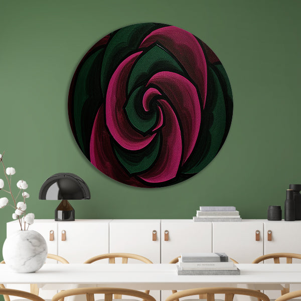 Abstract schilderij van bloem in groene en roze tinten forex muurcirkel