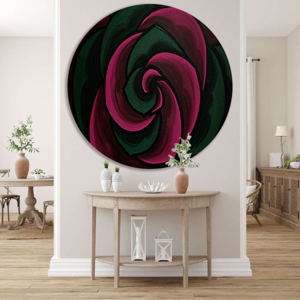 Abstract schilderij van bloem in groene en roze tinten forex muurcirkel