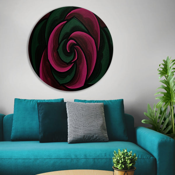 Abstract schilderij van bloem in groene en roze tinten forex muurcirkel