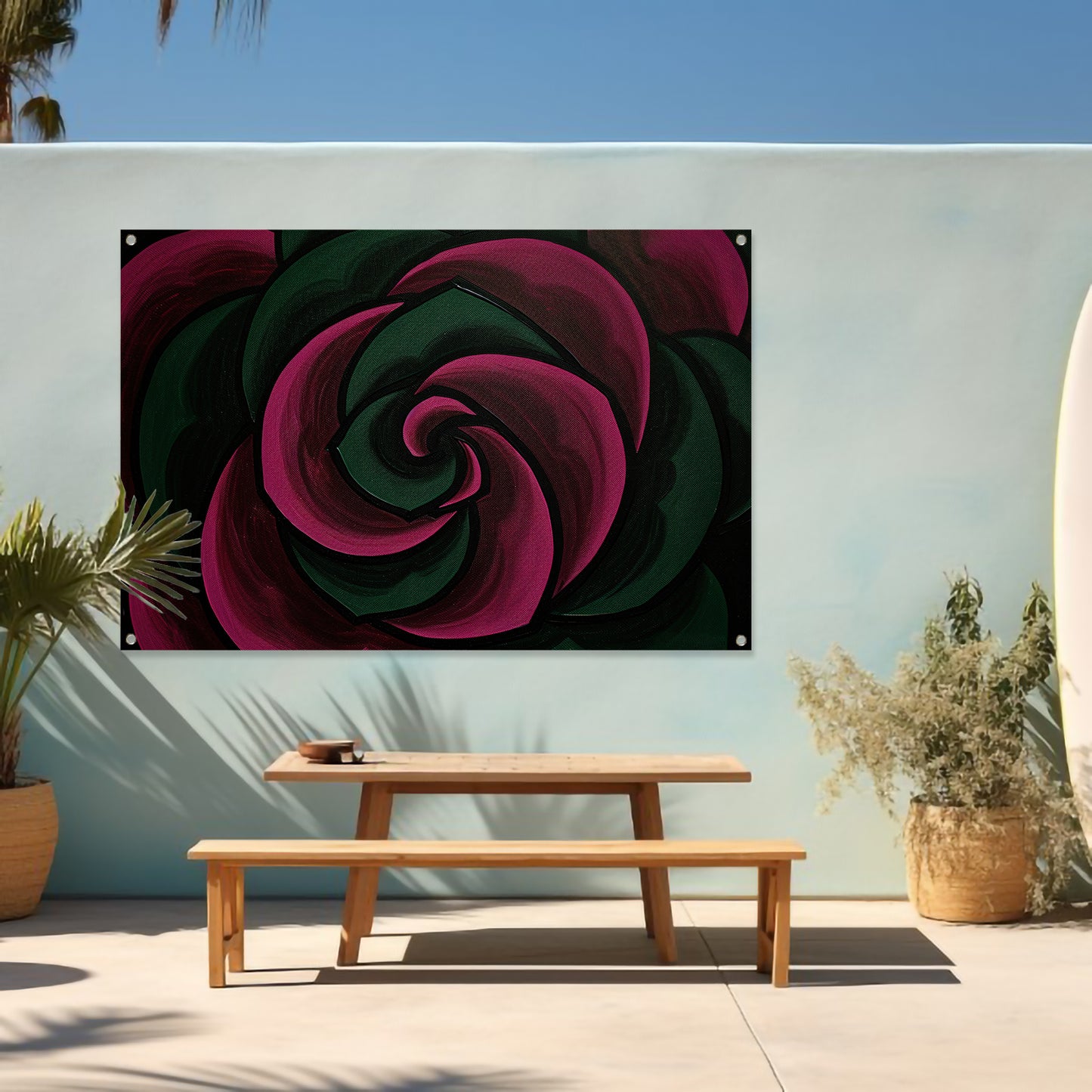 Abstract schilderij van bloem in groene en roze tinten tuinposter