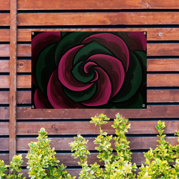 Abstract schilderij van bloem in groene en roze tinten tuinposter