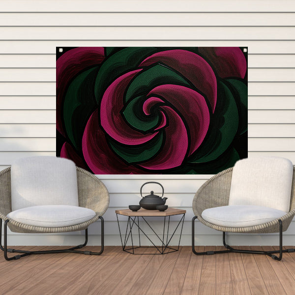 Abstract schilderij van bloem in groene en roze tinten tuinposter