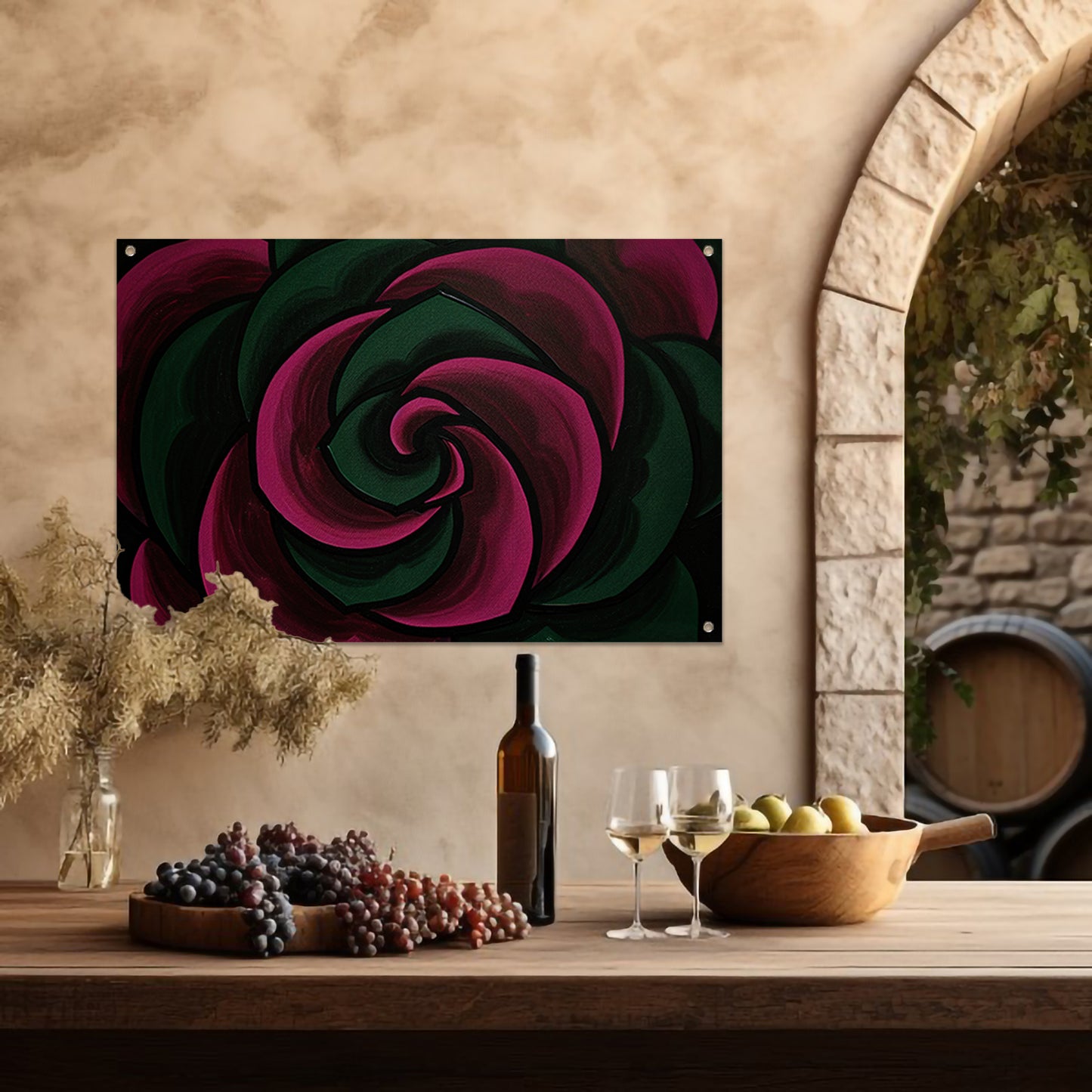 Abstract schilderij van bloem in groene en roze tinten tuinposter