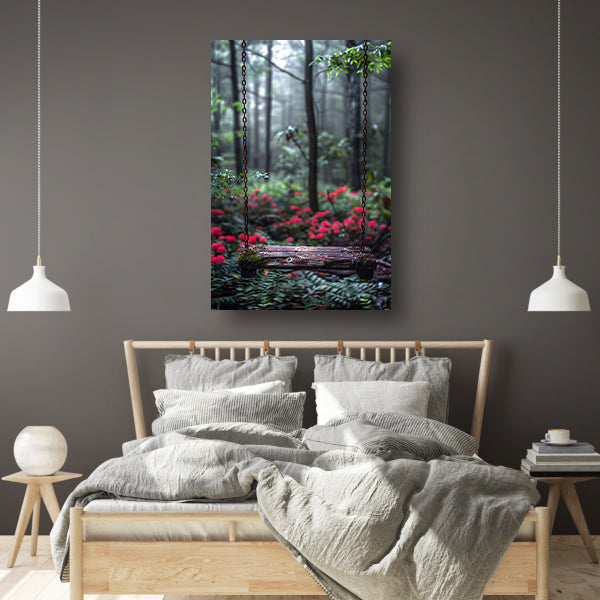 Eenzame Schommel in Mistig Bos poster