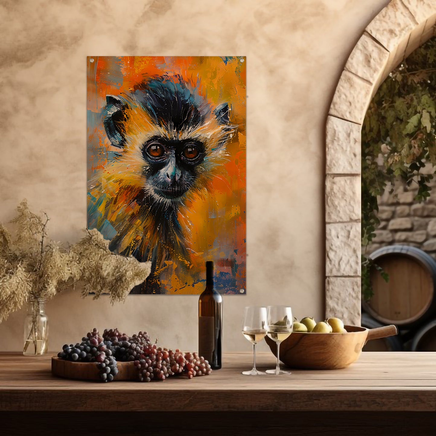 Kleurrijk abstract schilderij van een aap tuinposter