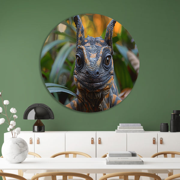 Realistisch reptiel portret met kleurrijke details aluminium muurcirkel