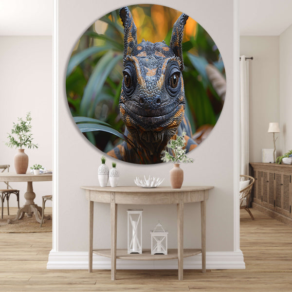 Realistisch reptiel portret met kleurrijke details aluminium muurcirkel