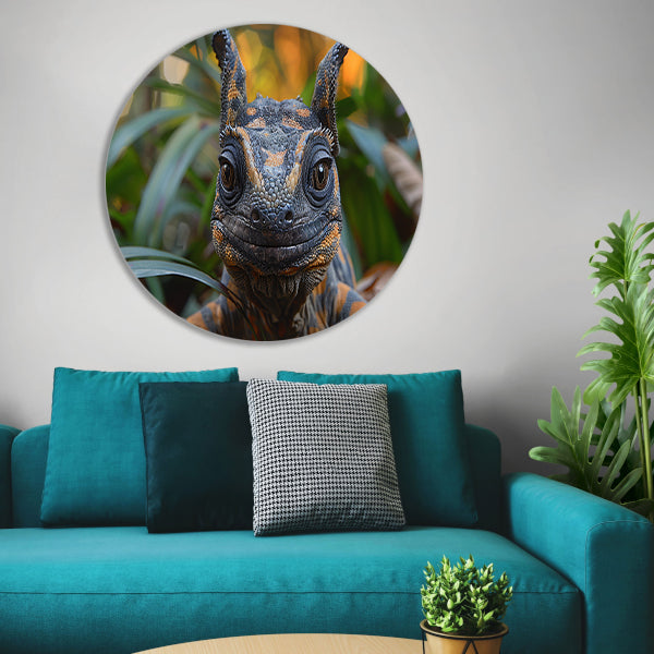 Realistisch reptiel portret met kleurrijke details aluminium muurcirkel