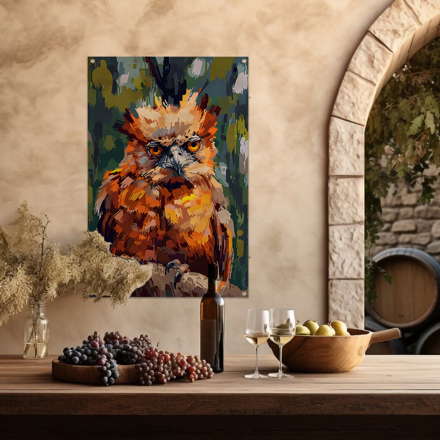 Digitale kunst van kleurrijke vogel in natuur tuinposter