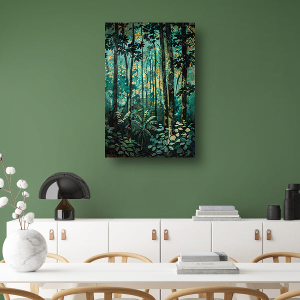 Realistisch schilderij van een groen bos poster