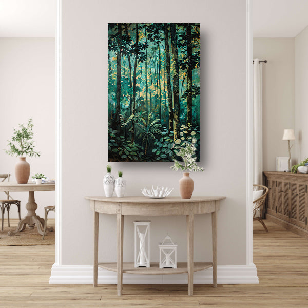 Realistisch schilderij van een groen bos poster