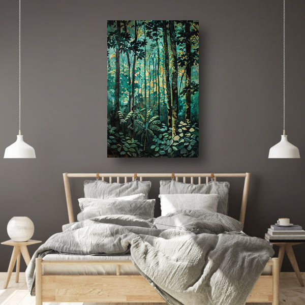 Realistisch schilderij van een groen bos poster