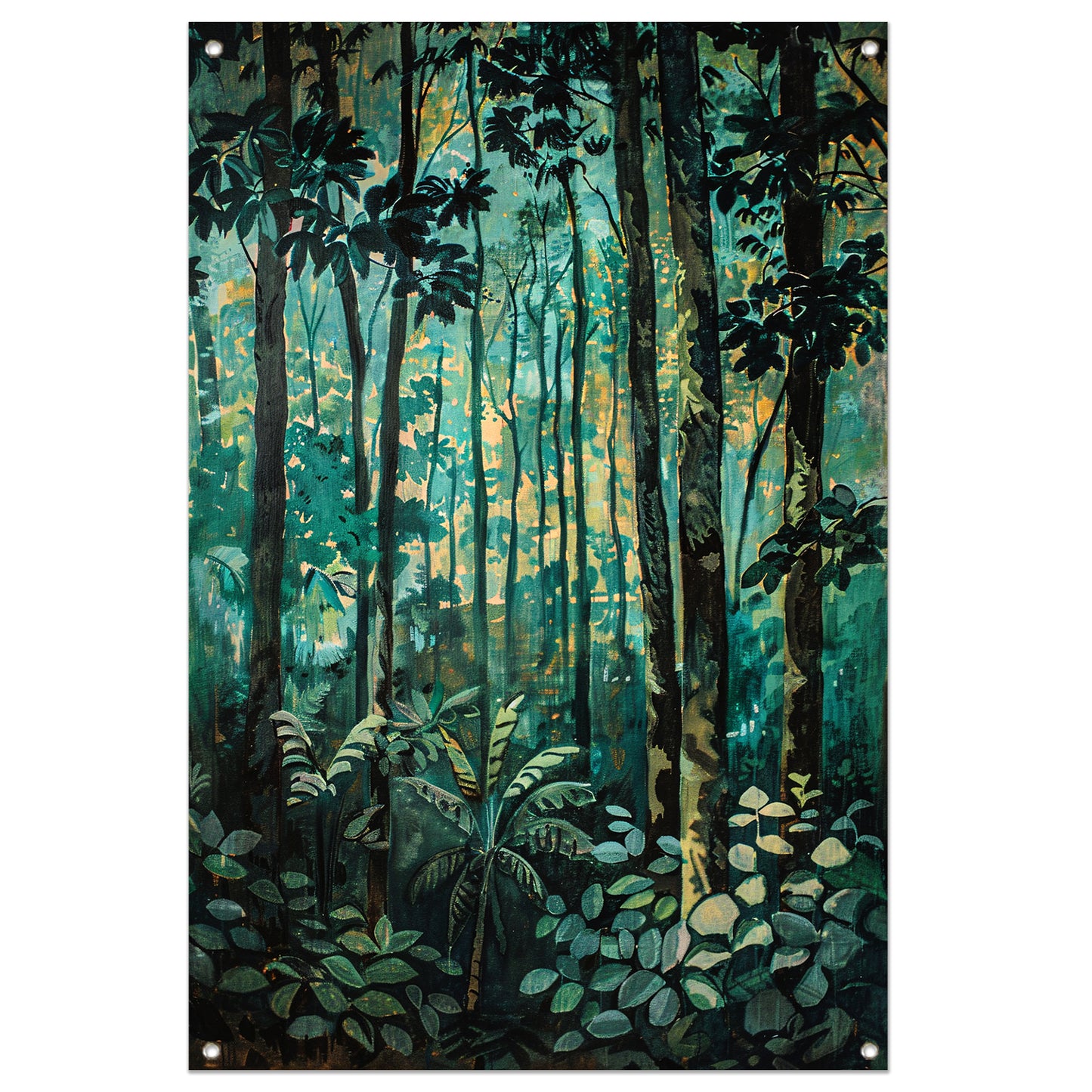 Realistisch schilderij van een groen bos tuinposter