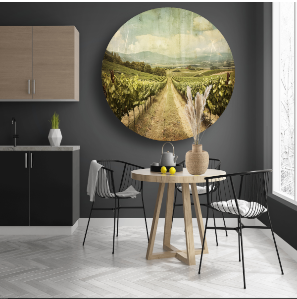 Rustieke wijngaard met sepia hemel aluminium muurcirkel