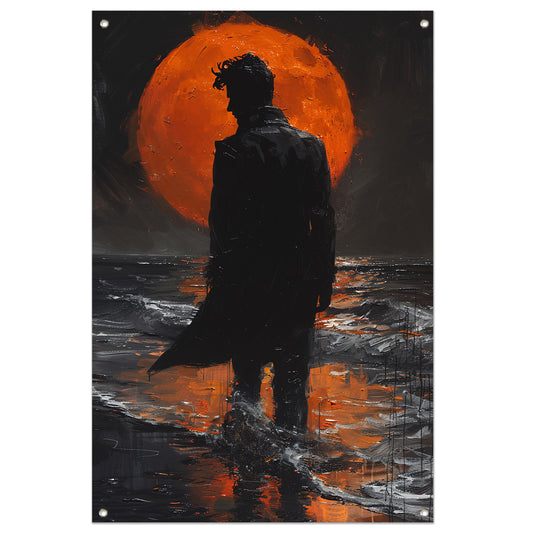 Silhouet tegen de gloeiende maannacht tuinposter