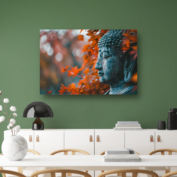 Boeddha omringd door herfstbladerenposter