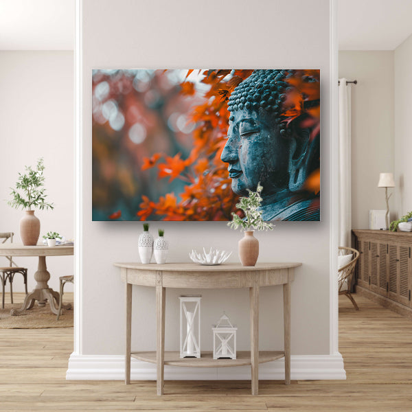 Boeddha omringd door herfstbladerenposter