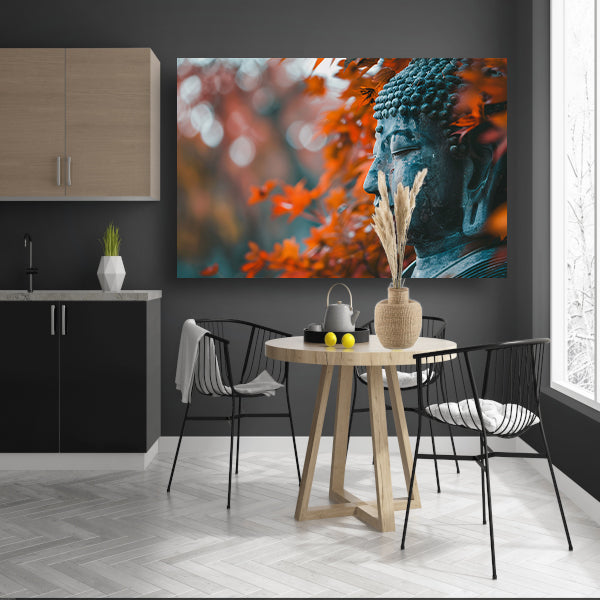 Boeddha omringd door herfstbladerenposter