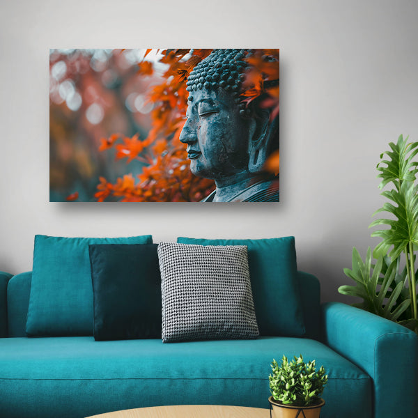 Boeddha omringd door herfstbladerenposter
