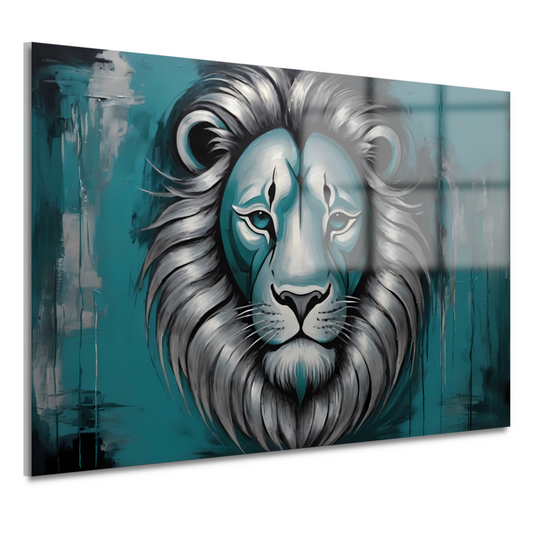 Zilveren en Turquoise Leeuw op Canvas acrylglas