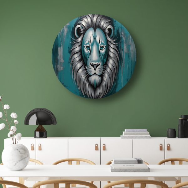 Zilveren en Turquoise Leeuw op Canvas aluminium muurcirkel