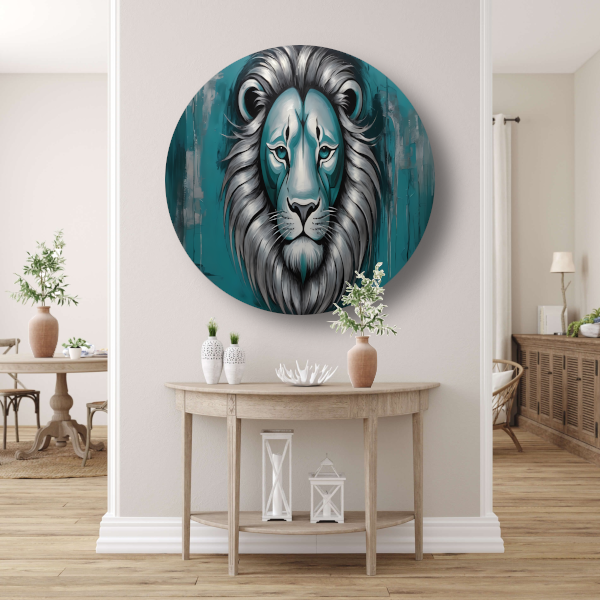 Zilveren en Turquoise Leeuw op Canvas aluminium muurcirkel
