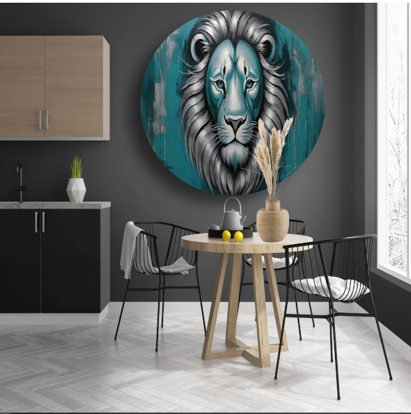 Zilveren en Turquoise Leeuw op Canvas aluminium muurcirkel