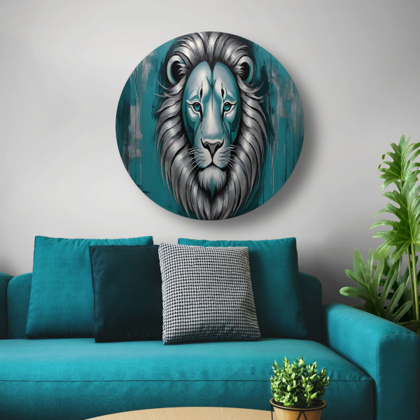 Zilveren en Turquoise Leeuw op Canvas aluminium muurcirkel